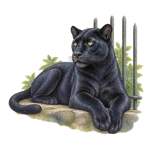 A dignified panther resting beside a few softly suggested enclosure bars