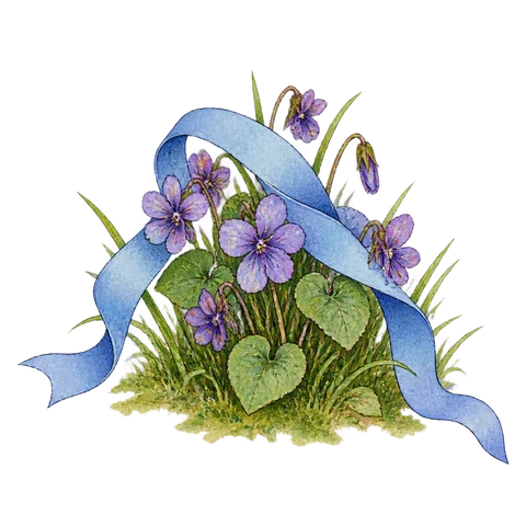Blue ribbon drifting over violets in a spring meadow