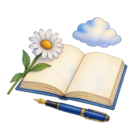 An open poetry book beside a flower, a fountain pen and a small cloud