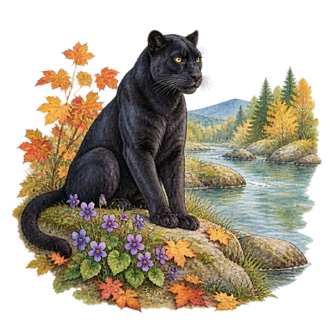 A panther beside a river landscape with autumn leaves and spring violets