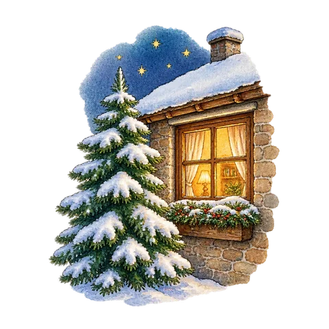A snowy fir tree beside a warmly lit window and distant stars