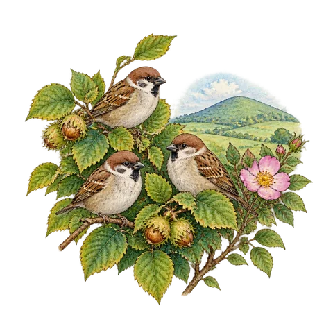 Three sparrows nestled in a hazel bush beside a flower and a peaceful hill