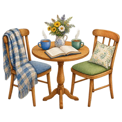 Two chairs beside a table with warm cups and an open book