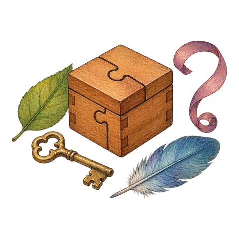 A small wooden puzzle box surrounded by a key, a leaf, a feather and a question-shaped curl of ribbon