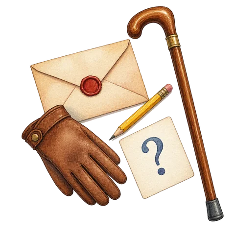 A sealed letter, a pencil, a glove and a walking stick beside a question card