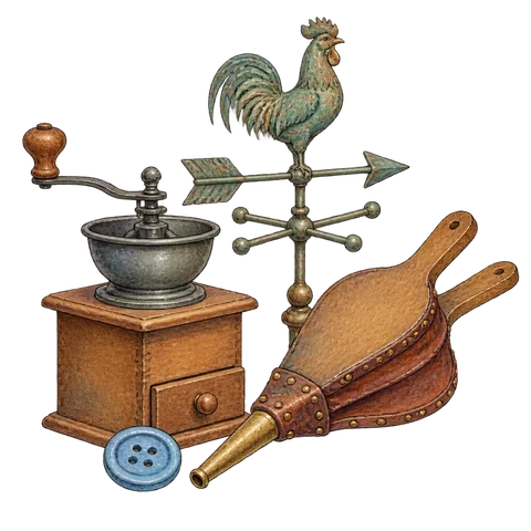 A button, a coffee mill, a weather vane and a pair of bellows