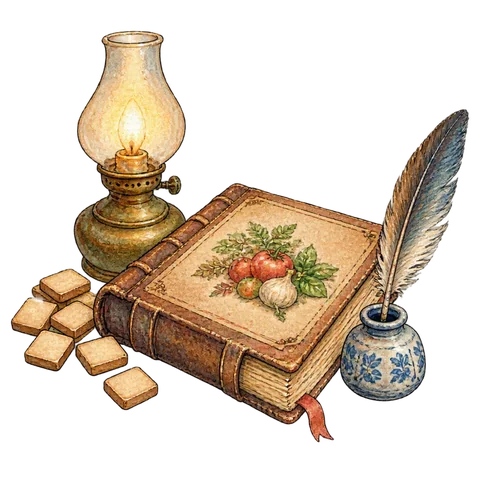Letter tiles beside an old cookbook, a lamp and a feather pen
