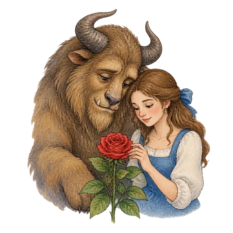 A gentle horned beast and a young woman beside a red rose