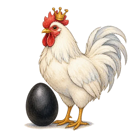 A black egg beside a white rooster wearing a small golden crown