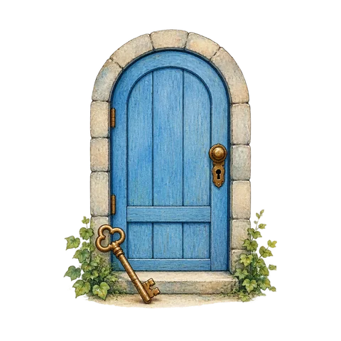 An old key beside a closed blue door, no violence