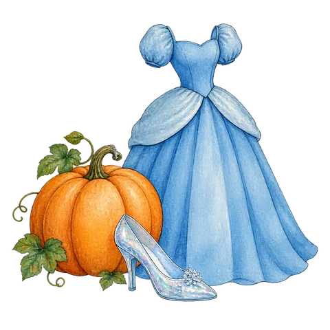 A glass slipper beside a pumpkin and a simple ball gown
