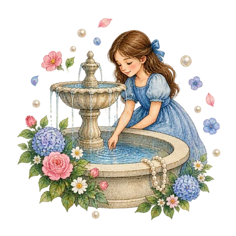 A girl at a fountain with flowers and pearls floating nearby