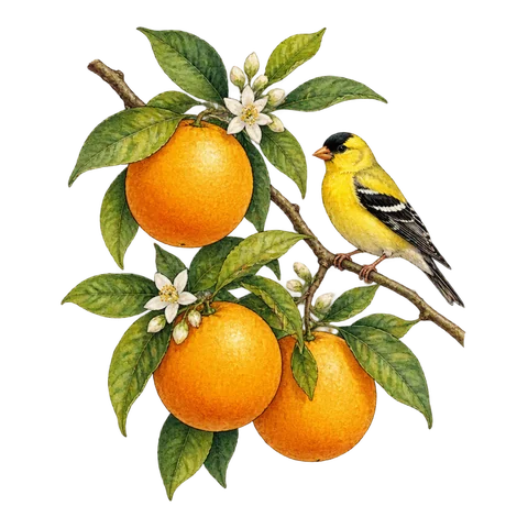Golden oranges on a tree with a small goldfinch on a branch