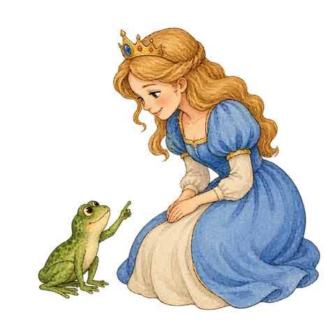 A tiny frog politely extending one finger toward a princess