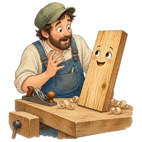 A surprised carpenter beside a smiling piece of wood on a workbench