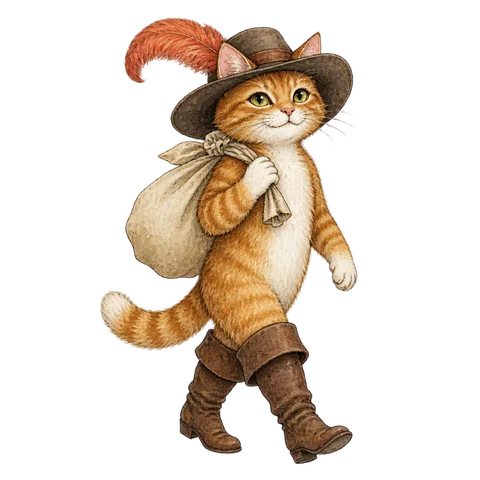 A confident cat wearing tall boots and carrying a cloth sack