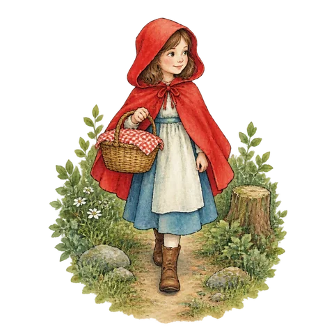 A red-hooded girl with a basket on a woodland path