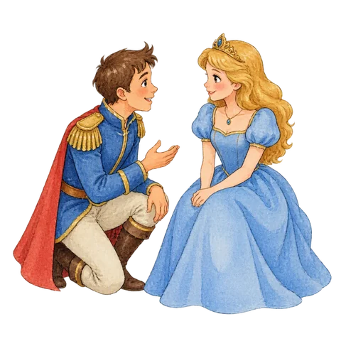 A prince with a small tuft of hair speaking kindly with a princess