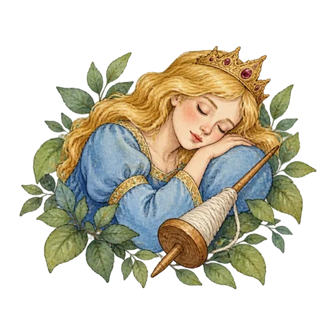 A sleeping princess and an old spindle surrounded by leaves