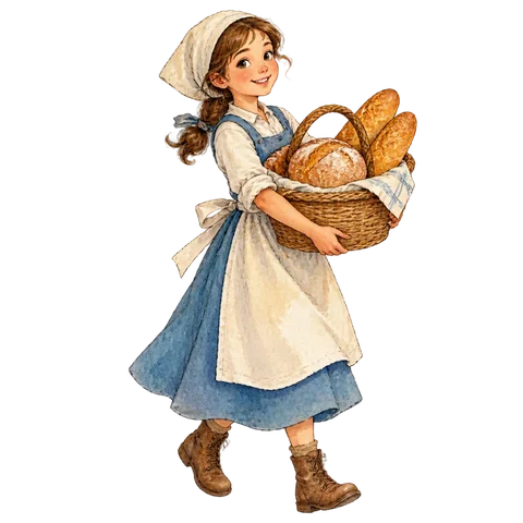A smiling baker’s daughter carrying fresh bread in warm sunlight