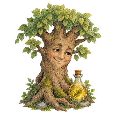 A tree with a gentle human face beside a small bottle of enchanted oil