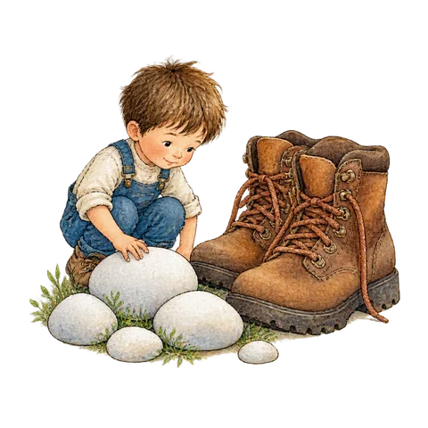 A tiny boy beside smooth white stones and oversized boots