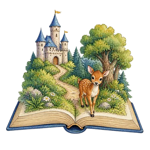 An open storybook with a small castle, a forest path and a friendly woodland animal emerging from the pages