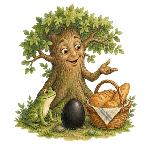 A talking tree, a black egg, a frog and a basket of bread