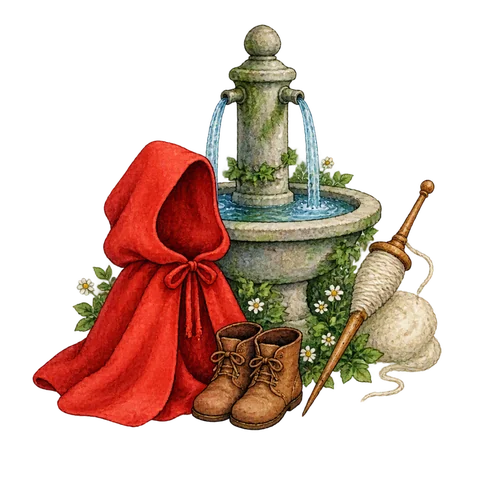 A red hood, a tiny pair of boots, a spindle and a fountain