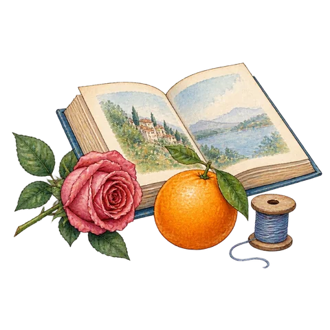 An open storybook beside a rose, a ripe orange and a small wooden spool