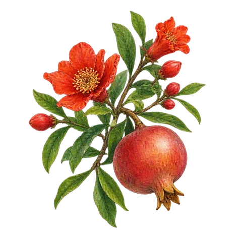 A pomegranate branch with crimson flowers in a quiet garden