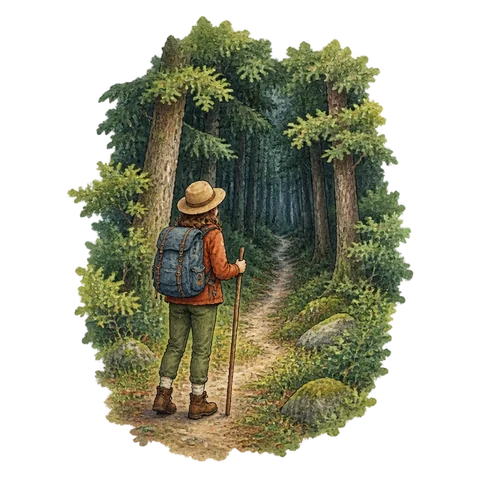 A traveler facing a dark forest with a narrow path disappearing among trees