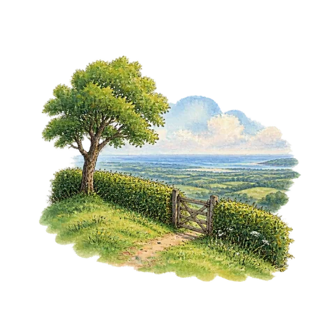 A solitary hill with a hedge overlooking an imagined vast horizon