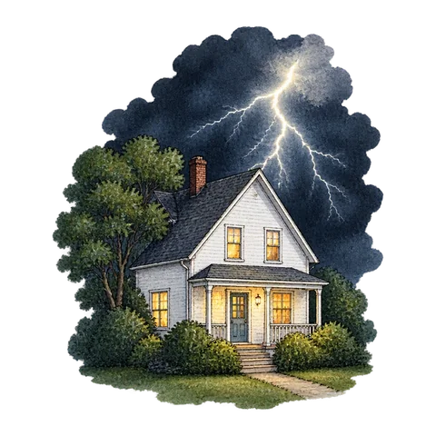 A single flash of lightning revealing a white house against black night