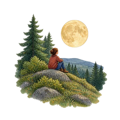 A luminous moon over a wooded hill with one seated figure