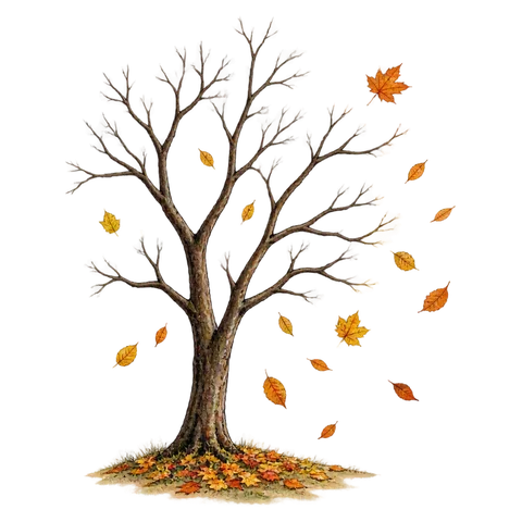 Bare dark branches against a clear bright November sky with falling leaves