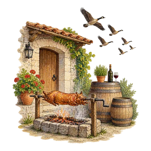 A village doorway with a roasting spit and wine barrels beneath migrating birds