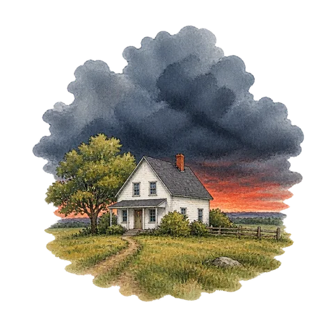 A small white farmhouse under dark storm clouds with a red horizon