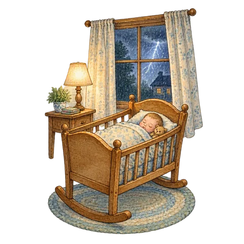 A cradle in a softly lit room while a storm passes outside