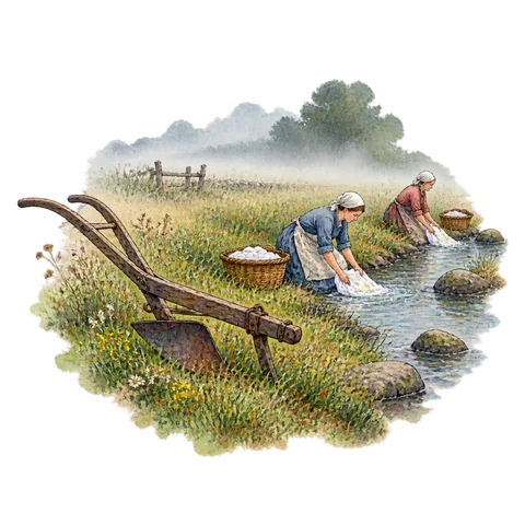 An abandoned plow in a misty field near women washing linen in a stream