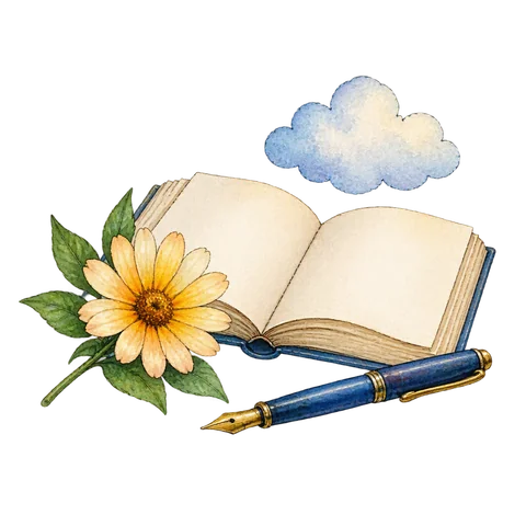 An open poetry book beside a flower, a fountain pen and a small cloud