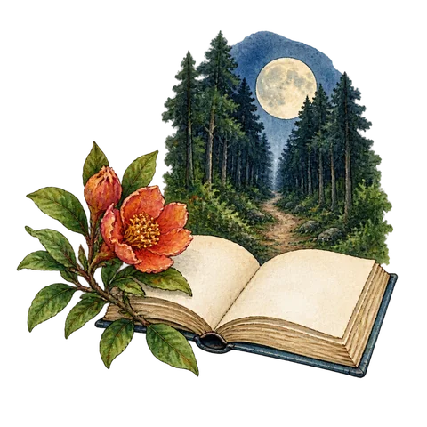 An open book beside a pomegranate flower, a moon and a dark forest path