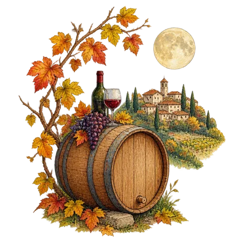 A moon above a hill, autumn branches and a village wine barrel