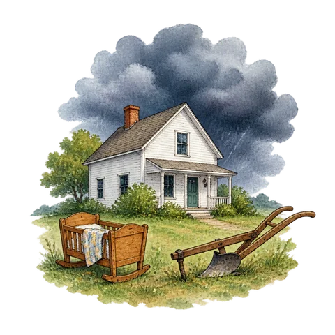 A white farmhouse beneath storm clouds beside a cradle and a wooden plow