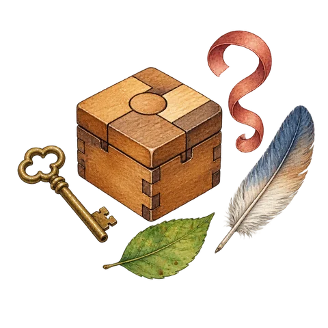 A small wooden puzzle box surrounded by a key, a leaf, a feather and a question-shaped curl of ribbon