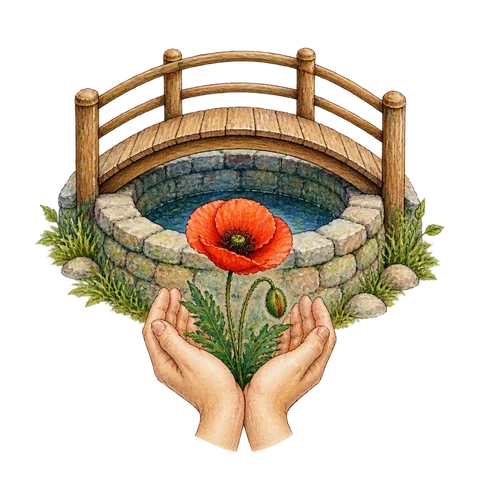 A bridge over a well, a poppy and a pair of hands