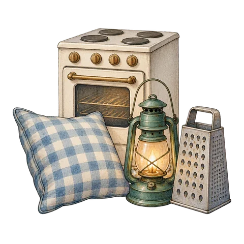 An oven, a pillow, a lantern and a grater