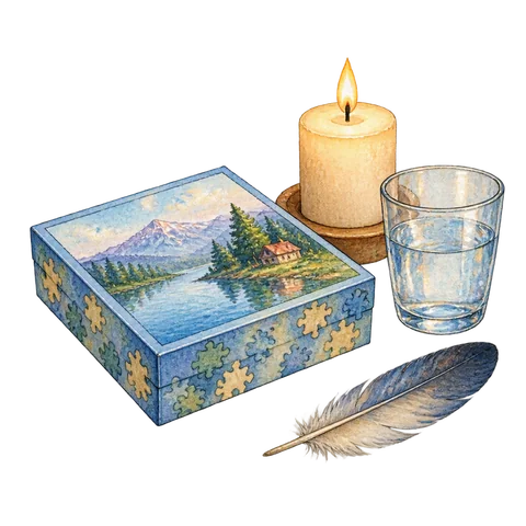 A closed puzzle box beside a feather, a glass and a candle