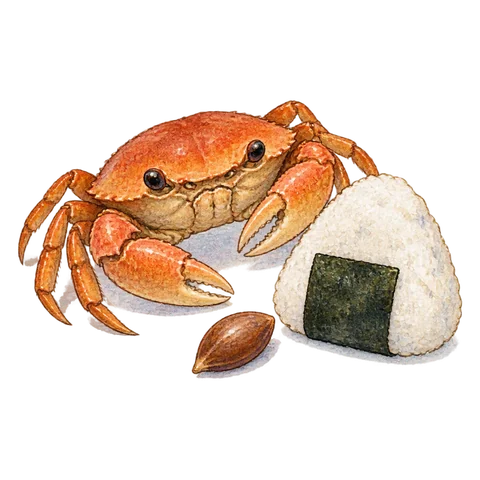 A crab beside a rice ball and a persimmon seed