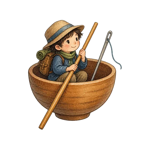A tiny traveler in a wooden bowl with a chopstick and a needle